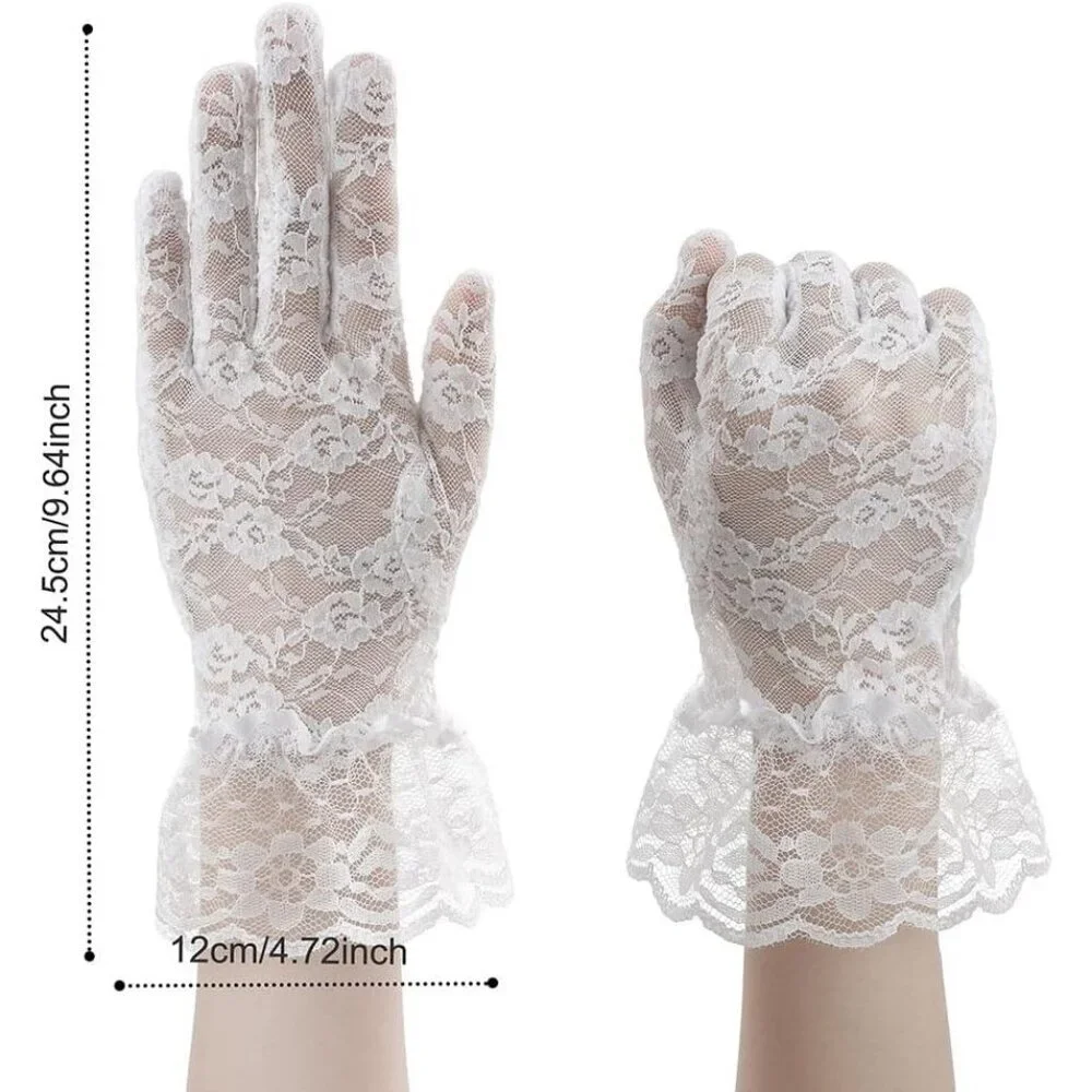 Women's Evening White Flower Pattern Lace Gloves Design Wedding Party Prom